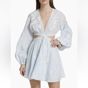 $695 A.L.C. Irene Light Blue Cut Out Balloon sleeves linen embellished flowers